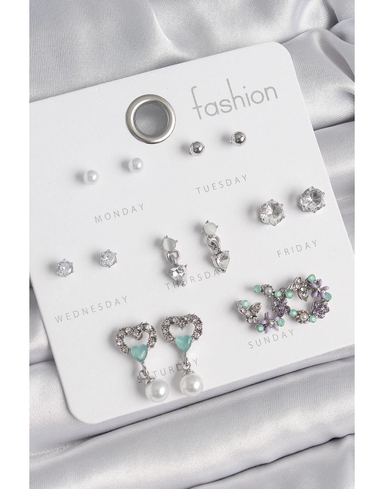 MuI MuI Pirinç Gümüş Renk Zirkon Taşlı Sallantılı Kalp Model Çiçek Detay 7 Çift Kadın Küpe Seti