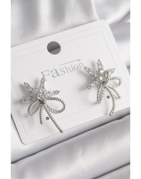 MuI MuI Pirinç Gümüş Renk Zirkon Taşlı Yıldız Düğüm Model Kadın Küpe