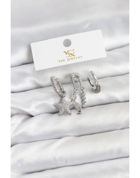 MuI MuI Pirinç Gümüş Renk Zirkon Taşlı Yıldız Vintage Model YSX Trio Küpe Seti