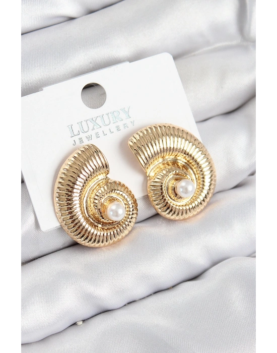 MuI MuI Pirinç İnci Detaylı Girdap Model Gold Renk Kadın Küpe