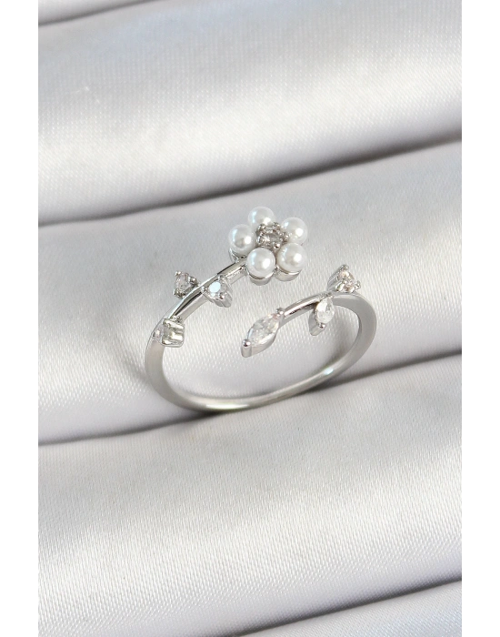 MuI MuI Pirinç İnci Detaylı Papatya Figürlü Zirkon Taşlı Gümüş Renk Ayarlanabilir Kadın Yüzük