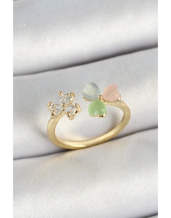 MuI MuI Pirinç Kalp Figürlü Zirkon Taşlı Gold Renk Ayarlanabilir Kadın Yüzük