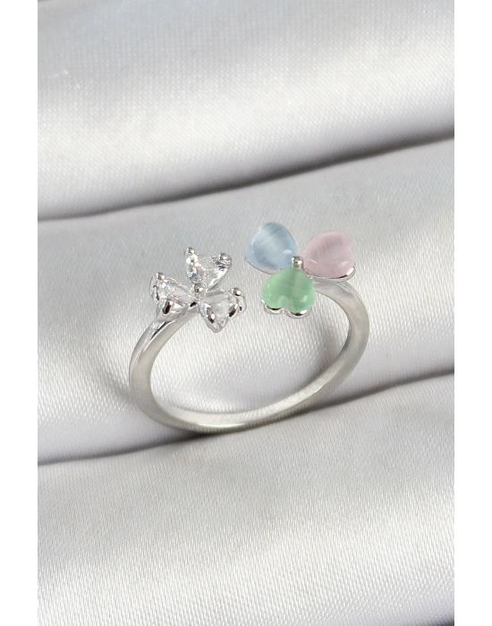 MuI MuI Pirinç Kalp Figürlü Zirkon Taşlı Gümüş Renk Ayarlanabilir Kadın Yüzük