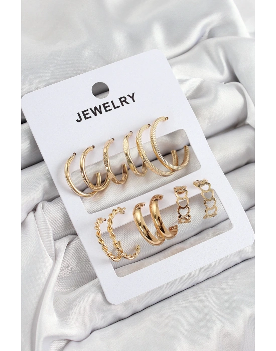 MuI MuI Pirinç Karışık Halka Model Gold Renk 6 Çift Kadın Küpe Set