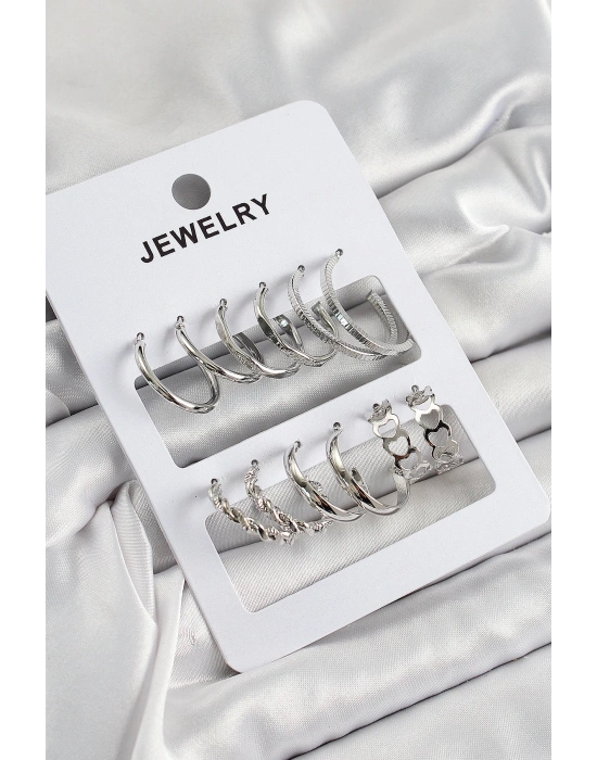 MuI MuI Pirinç Karışık Halka Model Gümüş Renk 6 Çift Kadın Küpe Set