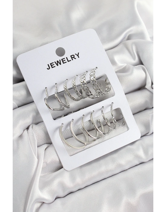 MuI MuI Pirinç Karışık Halka Model Gümüş Renk 6 Çift Kadın Küpe Set