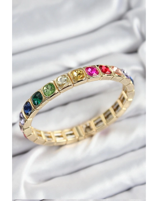 MuI MuI Pirinç Karışık Zirkon Taşlı Kare Model Gold Renk Lastikli Kadın Bileklik