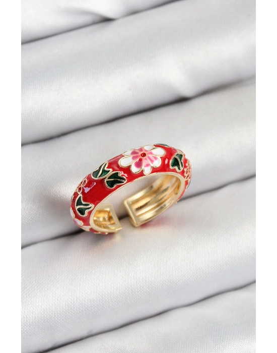 MuI MuI Pirinç Kırmızı Mineli Çiçek Motifli Gold Renk Ayarlanabilir Kadın Yüzük