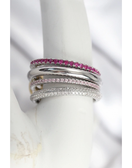 MuI MuI Pirinç Gümüş Renk Zirkon Taşlı 4Lü Kadın Yüzük