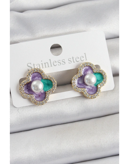 MuI MuI Pirinç Mor Mineli İnci Detaylı Zirkon Taşlı Sanatsal Portre Yonca Model Gold Renk Kadın Küpe