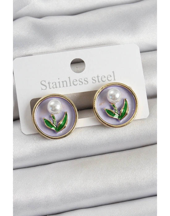 MuI MuI Pirinç Mor Mineli Lale Figürlü Sanatsal Portre Model Gold Renk Kadın Küpe