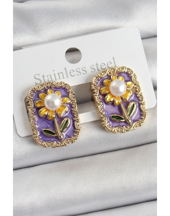 MuI MuI Pirinç Mor Mineli Papatya Figürlü Sanatsal Portre Model Gold Renk Kadın Küpe