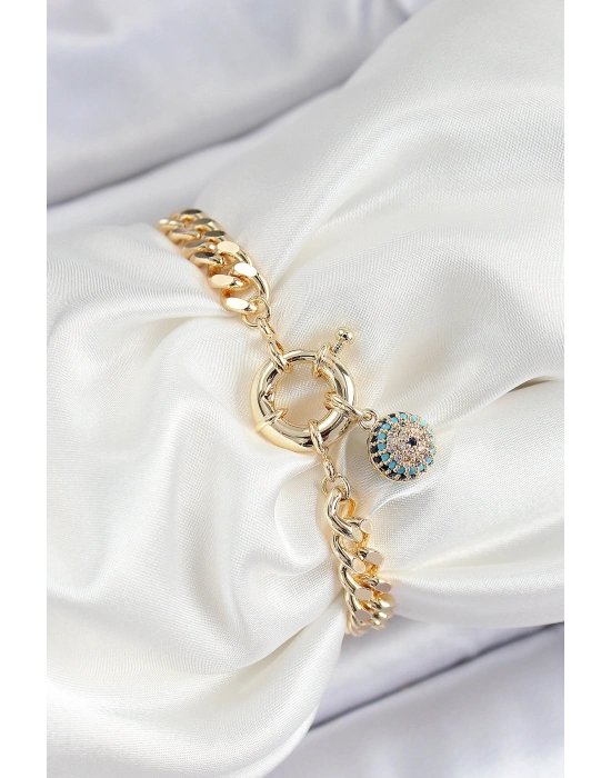 MuI MuI Pirinç Nazar Model Zirkon Taşlı Gold Renk VİP Seri Kadın Bileklik