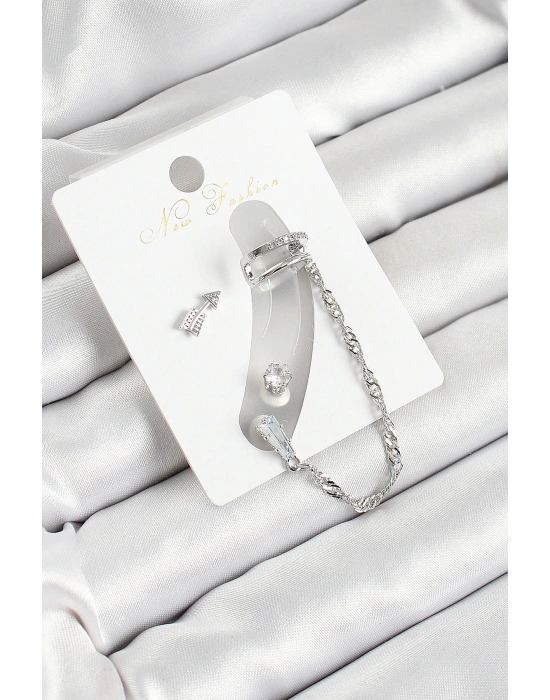 MuI MuI Pirinç Ok Figürlü Zirkon Taşlı Gümüş Renk 3lü Kıkırdak Kadın Küpe Set