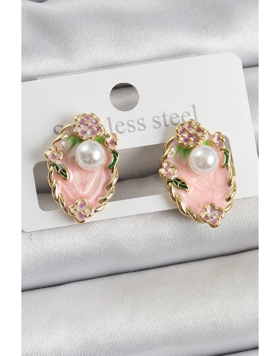 MuI MuI Pirinç Pembe Mineli İnci Detaylı Sanatsal Portre Model Gold Renk Kadın Küpe