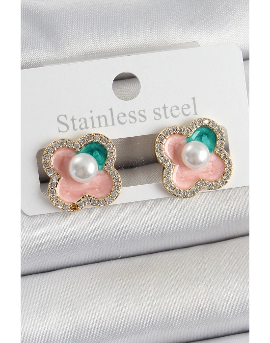 MuI MuI Pirinç Pembe Mineli İnci Detaylı Zirkon Taşlı Sanatsal Portre Yonca Model Gold Renk Kadın Küpe