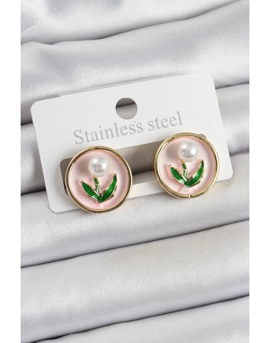 MuI MuI Pirinç Pembe Mineli Lale Figürlü Sanatsal Portre Model Gold Renk Kadın Küpe