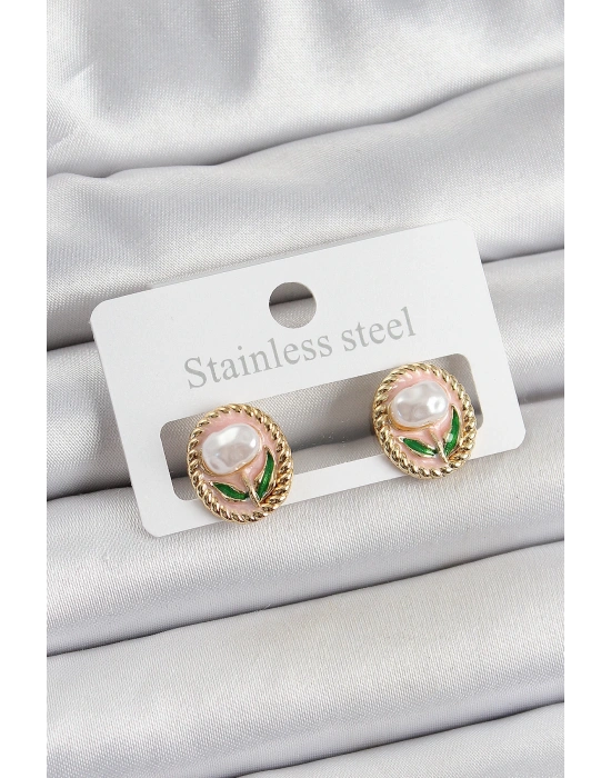 MuI MuI Pirinç Pembe Mineli Lale Figürlü Sanatsal Portre Model Gold Renk Kadın Küpe