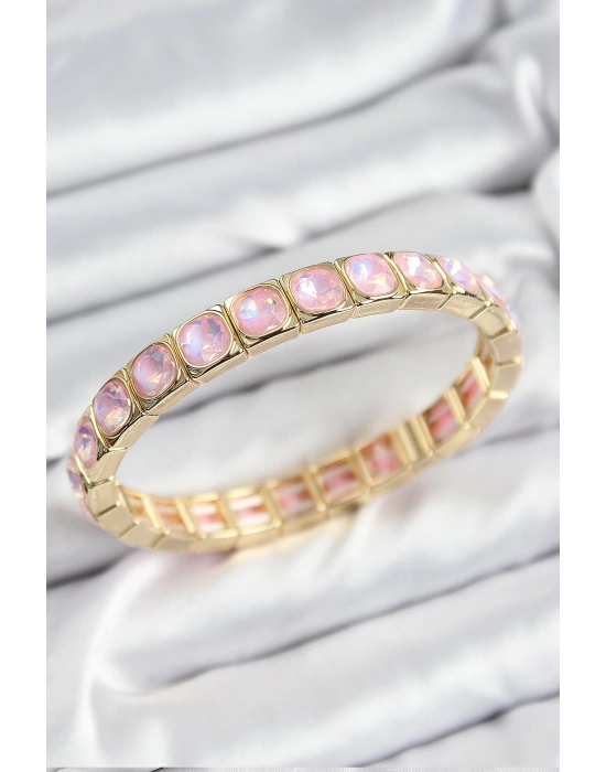 MuI MuI Pirinç Pembe Zirkon Taşlı Kare Model Gold Renk Lastikli Kadın Bileklik
