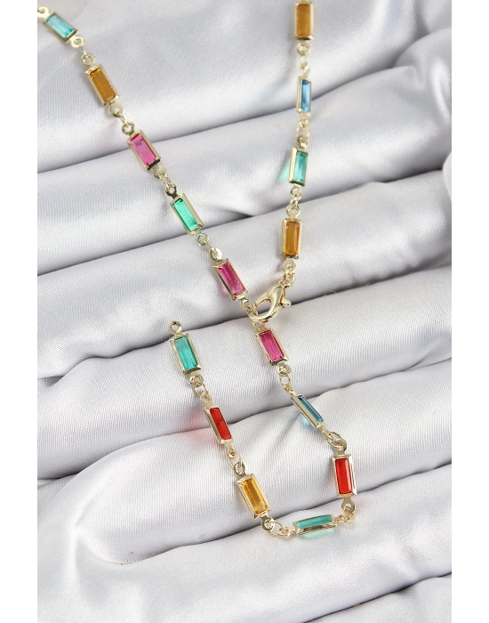 MuI MuI Pirinç Renkli Zirkon Taşlı Dikdörtgen Model Gold Renk Kadın Y Kolye