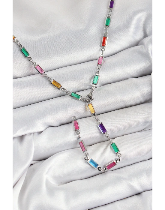 MuI MuI Pirinç Renkli Zirkon Taşlı Dikdörtgen Model Gümüş Renk Kadın Y Kolye