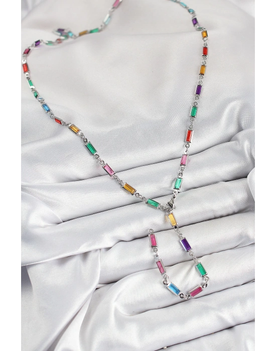 MuI MuI Pirinç Renkli Zirkon Taşlı Dikdörtgen Model Gümüş Renk Kadın Y Kolye