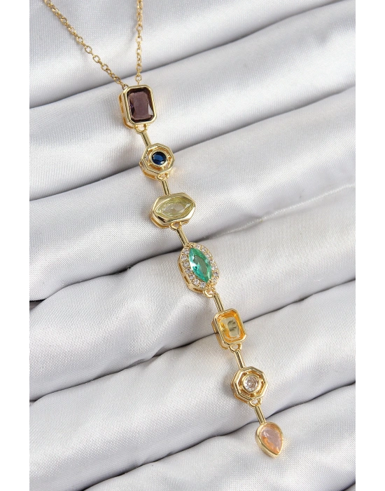 MuI MuI Pirinç Renkli Zirkon Taşlı Model Gold Renk 7 Element Kadın Y Kolye