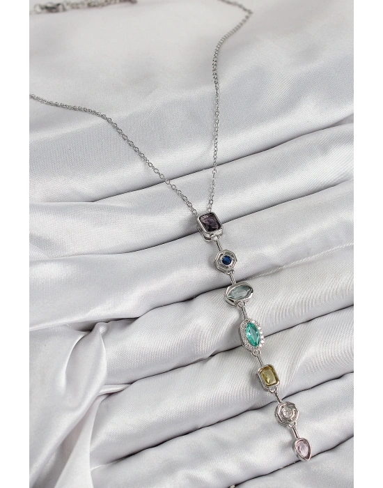 MuI MuI Pirinç Renkli Zirkon Taşlı Model Gümüş Renk 7 Element Kadın Y Kolye