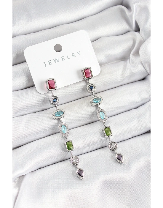 MuI MuI Pirinç Renkli Zirkon Taşlı Sallantılı Model Gümüş Renk Kadın Küpe