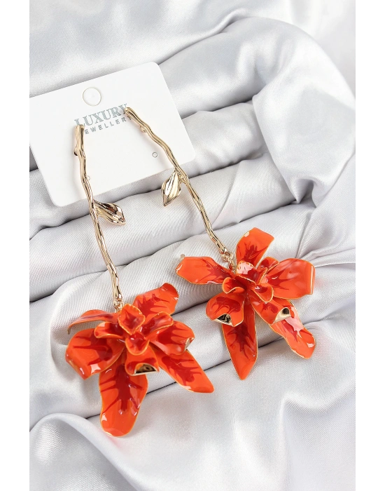 MuI MuI Pirinç Sallantılı Turuncu Çiçek Model Gold Renk Kadın Küpe