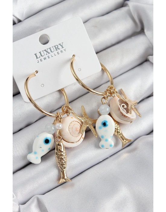 MuI MuI Pirinç Sallantılı Seramik Balık Ve Deniz Kabuğu Model Gold Renk Kadın Küpe