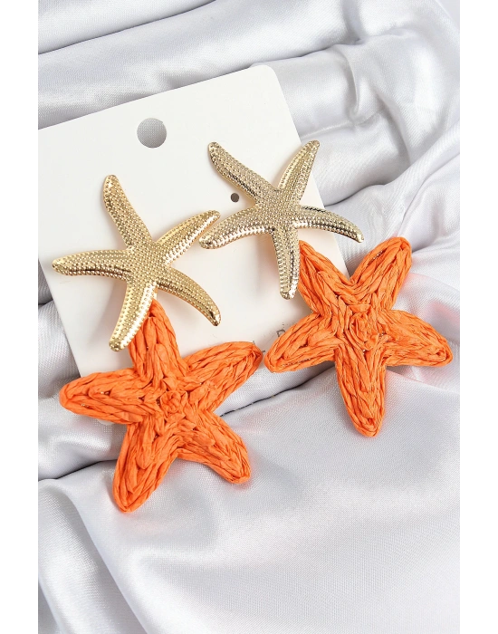 MuI MuI Pirinç Sallantılı Turuncu Deniz Yıldızı Model Gold Renk Hasır Küpe