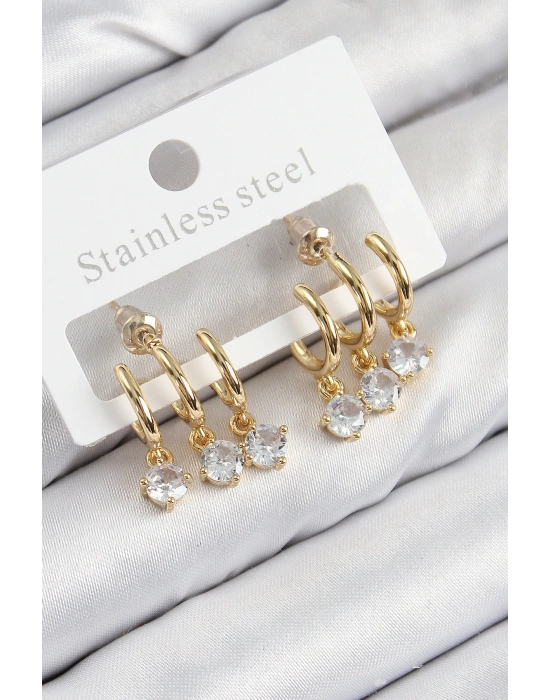 MuI MuI Pirinç Sallantılı Zirkon Taşlı Model Gold Renk Kadın Küpe