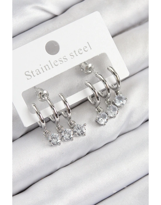 MuI MuI Pirinç Sallantılı Zirkon Taşlı Model Gümüş Renk Kadın Küpe