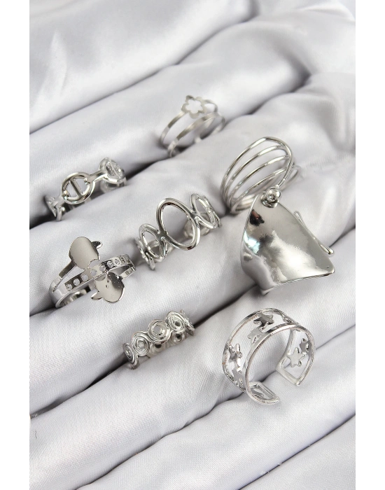 MuI MuI Pirinç Sarmal Ve Yıldız Model Gümüş Renk Kadın Yüzük Kombin Set