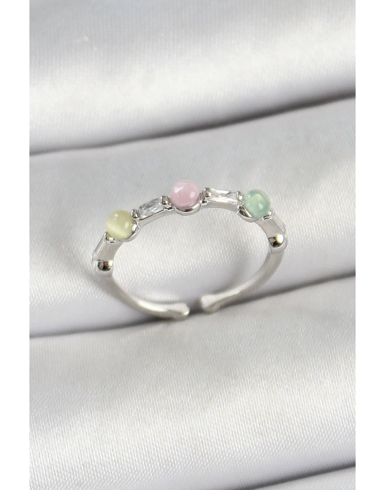 MuI MuI Pirinç Sıralı Boncuk Figürlü Zirkon Taşlı Gümüş Renk Ayarlanabilir Kadın Yüzük