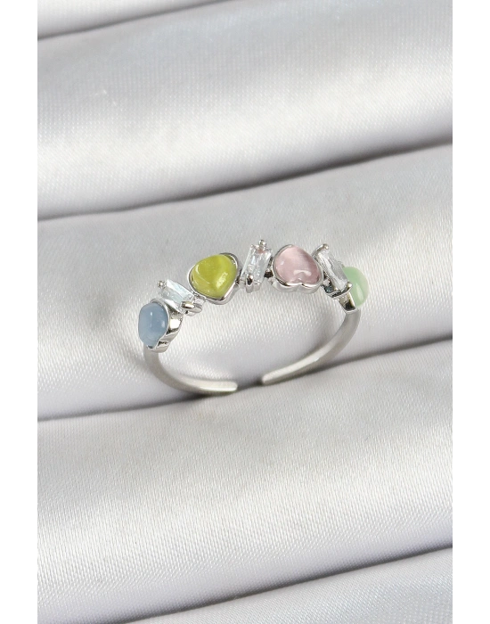 MuI MuI Pirinç Sıralı Kalp Figürlü Zirkon Taşlı Gümüş Renk Ayarlanabilir Kadın Yüzük