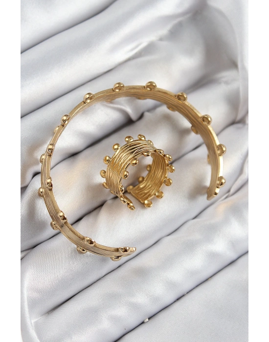 MuI MuI Pirinç Topcuk Model Gold Renk Bileklik Yüzük Set