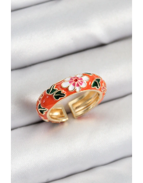 MuI MuI Pirinç Turuncu Mineli Çiçek Motifli Gold Renk Ayarlanabilir Kadın Yüzük