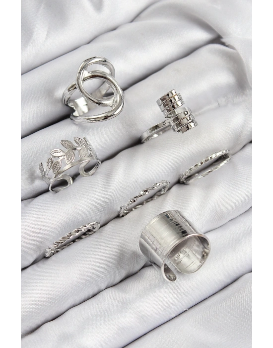 MuI MuI Pirinç Yaprak Model Gümüş Renk Kadın Yüzük Kombin Set