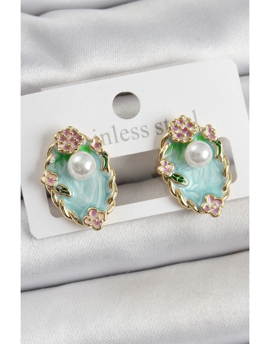 MuI MuI Pirinç Yeşil Mineli İnci Detaylı Sanatsal Portre Model Gold Renk Kadın Küpe