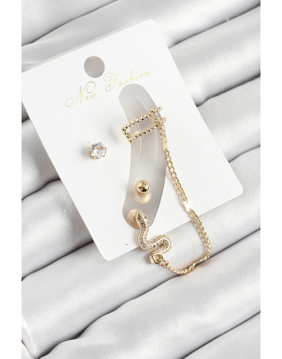 MuI MuI Pirinç Yılan Figürlü Zirkon Taşlı Gold Renk 3lü Kıkırdak Kadın Küpe Set