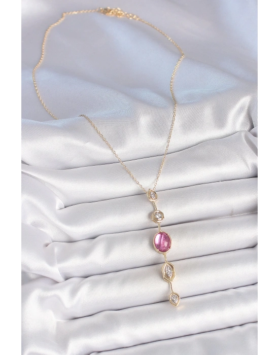 MuI MuI Pirinç Zincir Gold Renk Pembe Zirkon Taşlı Y Kolye