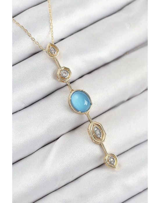 MuI MuI Pirinç Zincir Mavi Gold Renk Zirkon Taşlı Y Kolye