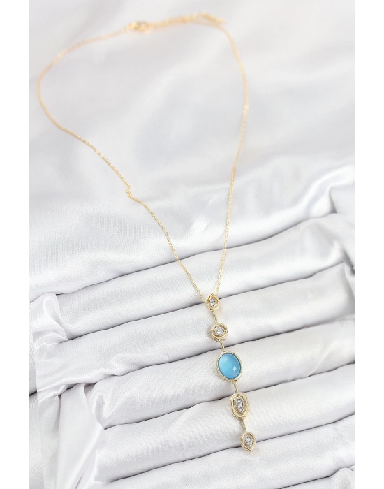 MuI MuI Pirinç Zincir Mavi Gold Renk Zirkon Taşlı Y Kolye