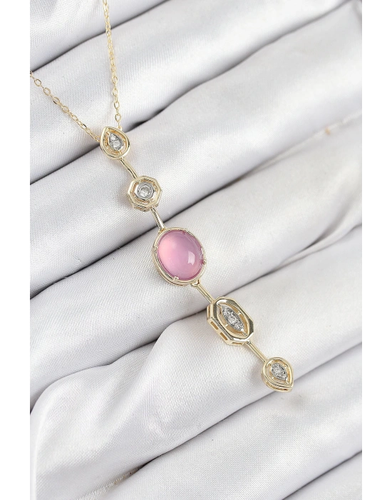 MuI MuI Pirinç Zincir Pembe Gold Renk Zirkon Taşlı Y Kolye