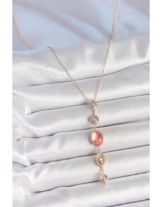 MuI MuI Pirinç Zincir Pembe Gold Renk Zirkon Taşlı Y Kolye