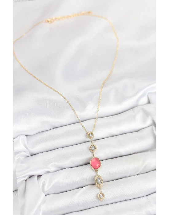 MuI MuI Pirinç Zincir Pembe Gold Renk Zirkon Taşlı Y Kolye