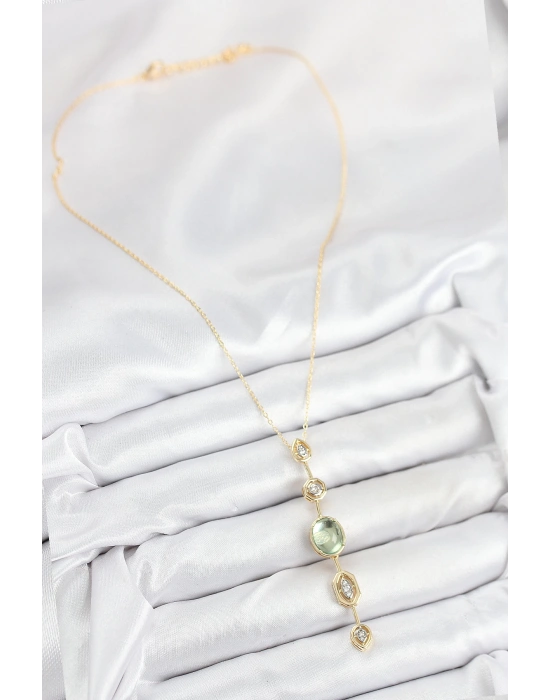 MuI MuI Pirinç Zincir Yeşil Gold Renk Zirkon Taşlı Y Kolye