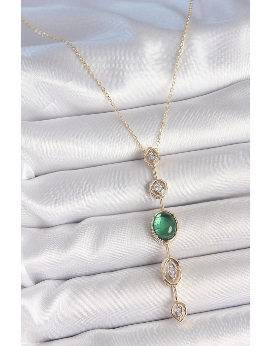 MuI MuI Pirinç Zincir Zümrüt Yeşil Gold Renk Zirkon Taşlı Y Kolye